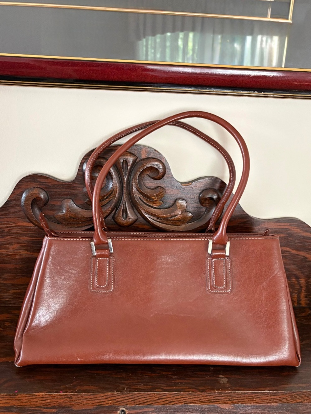 Minimalist Vegan Leather Classic Cognac Brown Shoulder Bag, Retro Baguette Purse